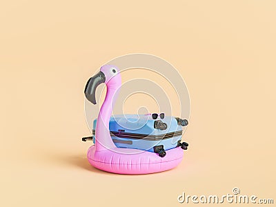 Flamingo Float and Suitcase with Sunglasses, Vacation Concept Stock Photo