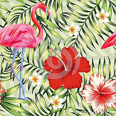 Flamingo, hibiscus and tropical leaves Vector Illustration