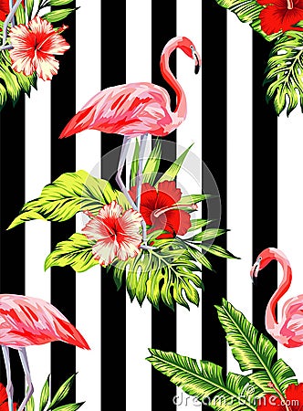 Flamingo and hibiscus tropical pattern, striped background Vector Illustration