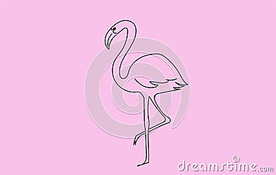 Flamingo Line Art Drawing on a Pink Background Vector Illustration