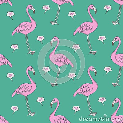 Flamingo omputer graphic seamless pattern illustration with pink exotic birds and hearts on teal background Cartoon Illustration