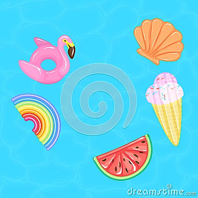 Flamingo, rainbow, watermelon, ice cream cone, seashell pool floats on blue water Vector Illustration