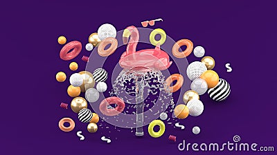 Flamingo rubber ring floating on a fountain surrounded by colorful rubber rings on a purple background Stock Photo