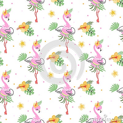 Flamingo seamless pattern. Funny beach flamingos pink white print. Exotic birds and tropical palm leaves. Summer beach Vector Illustration
