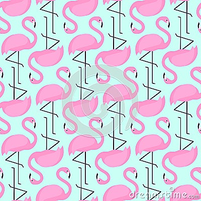 Flamingo seamless pattern on mint green background. Pink flamingo vector background. Vector Illustration