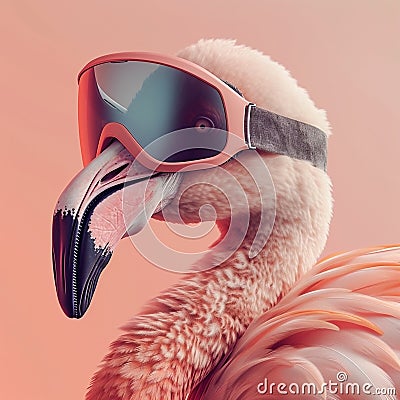 a flamingo staying snug in a trendy peach Ski Goggles Stock Photo