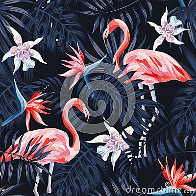 Flamingo strelitzia palm leaves dark background pattern Vector Illustration