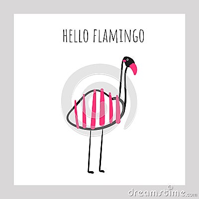 Flamingo with stripe pattern. Card, postcard, print, wall poster with pink bird for kids Vector Illustration