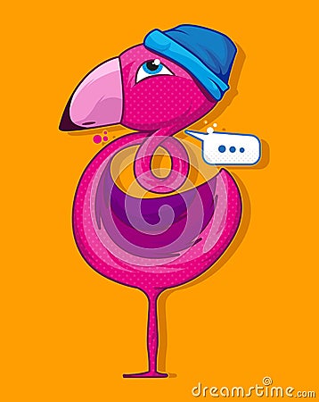 Flamingo style with hat. Cool illustration. Fun sticker. Patch. Apparel design. Vector Cartoon Illustration