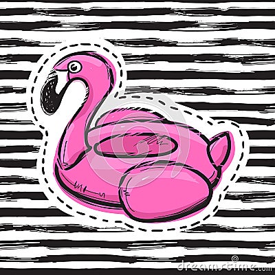 Flamingo swim ring. Pool float. Inflatable pink flamingo. Swimming circle. Summer print, sticker, badge, fashion patch Vector Illustration