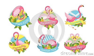 Flamingo and Tropical Flora Vector Compositions Set Vector Illustration