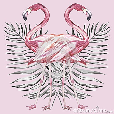 Flamingo and tropical leaf watercolor illustration. Element for design of invitations, movie posters, fabrics and other Vector Illustration