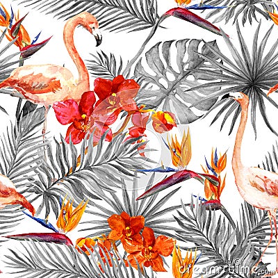 Flamingo, tropical leaves, exotic flowers. Seamless black-white background. Watercolor Stock Photo