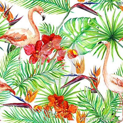 Flamingo, tropical leaves and exotic flowers. Seamless jungle pattern. Watercolor Stock Photo