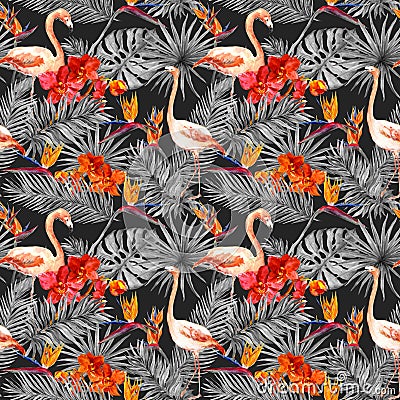 Flamingo, tropical leaves, exotic flowers. Seamless pattern, black background. Watercolor Stock Photo