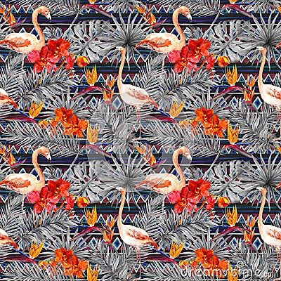 Flamingo, tropical leaves, exotic flowers. Seamless tribal background. Watercolor Stock Photo