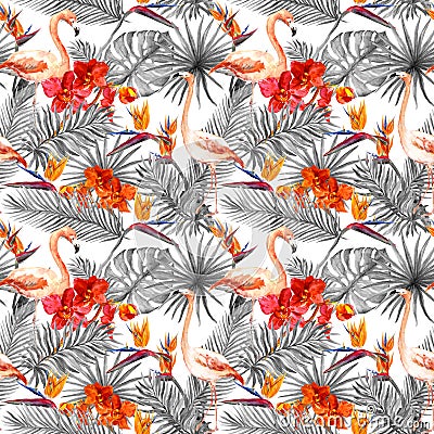 Flamingo, tropical leaves, exotic flowers. Seamlessmonochrome neutral background. Watercolor Stock Photo