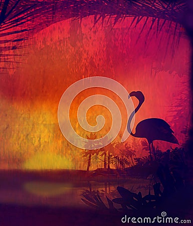 Flamingo on Tropical Peaceful Sunset Stock Photo