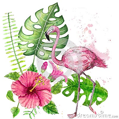 Exotic tropical plants and pink flamingos watercolor Stock Photo