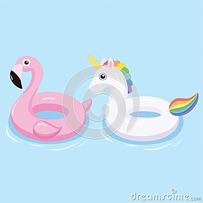 Flamingo and unicorn inflatable pool float. Vector illustration. Cartoon Illustration