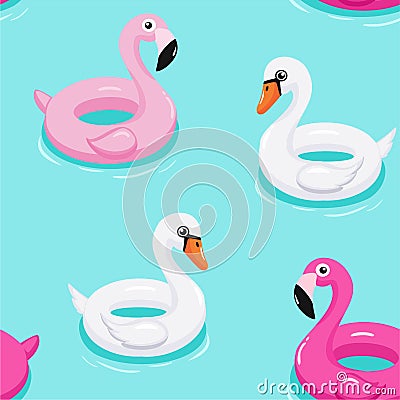 Flamingo and unicorn inflatable pool floats pattern. Vector seamless texture. Stock Photo