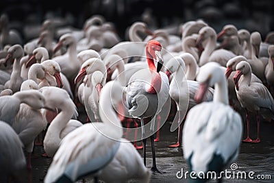 Flamingo in the water, Phoenicopterus roseus, Standing out from the crowd, a white bird standing out from others, AI Generated Stock Photo