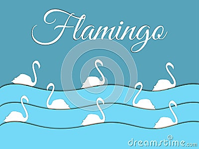 Flamingo, wave shadow, birds swim. Paper waves. Vector shadow. Vector Illustration