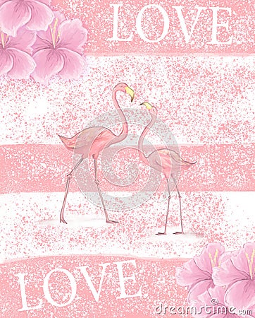 Flamingo wedding invitation, greeting card with pink flamingos. Beautiful watercolor illustration of love birds Cartoon Illustration