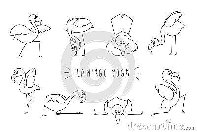 Flamingo yoga. Set of cartoon flamingos isolated on white background. Vector Vector Illustration