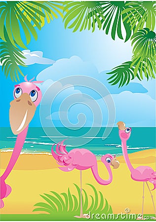 Flamingos on beautiful tropical beach Vector Illustration