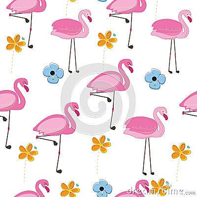Flamingos with spring time colorful doodle flower. Flamingos with different poses seamless pattern Vector Illustration