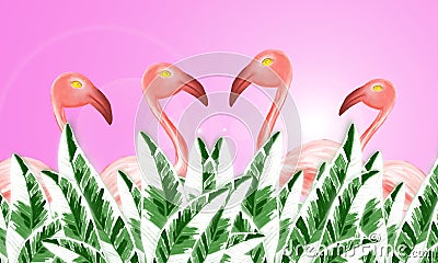 Flamingos in tropical in forest of banana tropical plant,digital watercolor paint Stock Photo