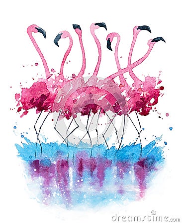 Flamingos watercolor painting Stock Photo