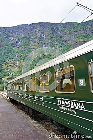 Flamsbana railcar sits in Flam station, Norway Editorial Stock Photo