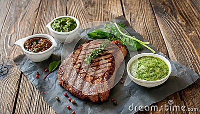 Flank beef steak with chimichurri and horseradish sauce on wooden table. Juicy grilled meat. Delicious restaurant food Stock Photo