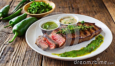 Flank beef steak with chimichurri and horseradish sauce on wooden table. Juicy grilled meat. Delicious restaurant food Stock Photo