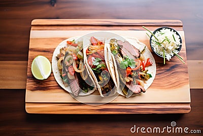 flank steak fajitas with grilled scallions on a wooden plate Stock Photo