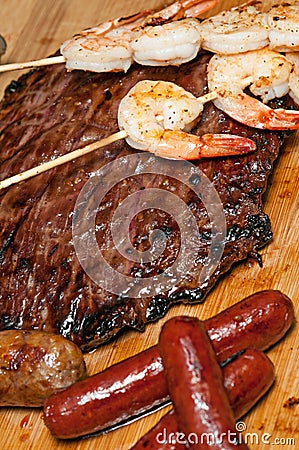 Flank Steak, Shrimp and Sausage Stock Photo