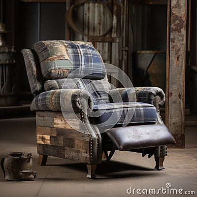 Flannel Recliner: A Rustic Vintage Chair With Plaid Leather And Layered Textures Stock Photo