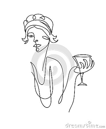 Flapper girl from 20s black and white vector illustration. Woman with cocktail, wineglass, Martini. One continuous line Vector Illustration