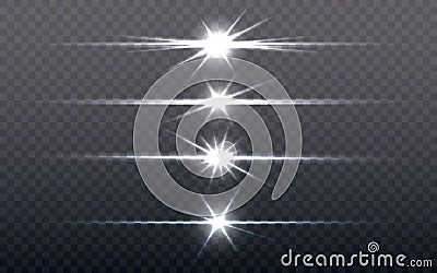 Flare light set. Silver glowing light on transparent background. Bright stars collection. Optical sun flash effect Cartoon Illustration