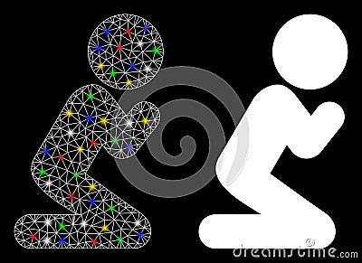 Flare Mesh Carcass Child Pray Icon with Flare Spots Vector Illustration