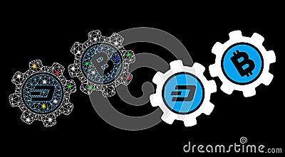 Flare Mesh Wire Frame Dash Bitcoin Gears Icon with Flare Spots Vector Illustration