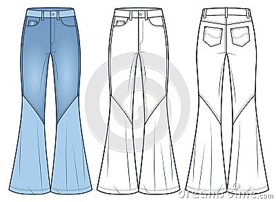 Flared Jeans Pants technical fashion illustration, blue design. Vector Illustration