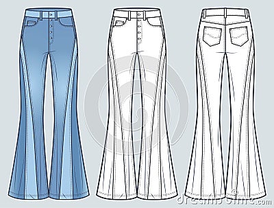 Flared Jeans Pants technical fashion illustration, blue design. Denim Pants fashion flat technical drawing template, medium waist Vector Illustration