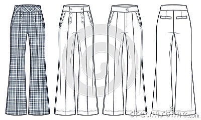 Flared Trousers technical fashion illustration. Plaid Pants fashion flat technical drawing template, flared bottom, button closure Vector Illustration