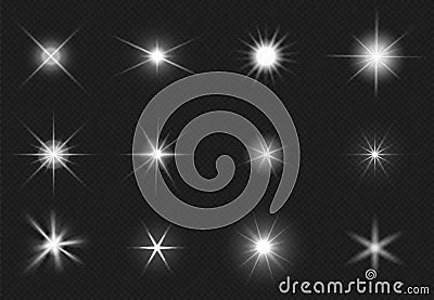 Flares and sparkling stars effect. White light burst, shiny glare. Magic starburst, realistic glow set Vector Illustration