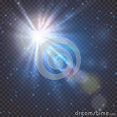 Flash burst of star light with blur and lens flare effect. Shining sun glow. Sparkling light of sun rays on transparent Vector Illustration