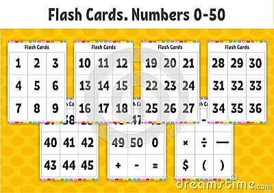 Flash cards. Learning numbers. Education developing worksheet. Activity page for kids. Color game for children. Vector Vector Illustration