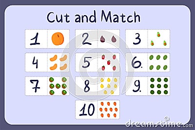 Flash cards with numbers for kids, set 5. Cut and match pictures with numbers and fruits. Illustration for educational Vector Illustration